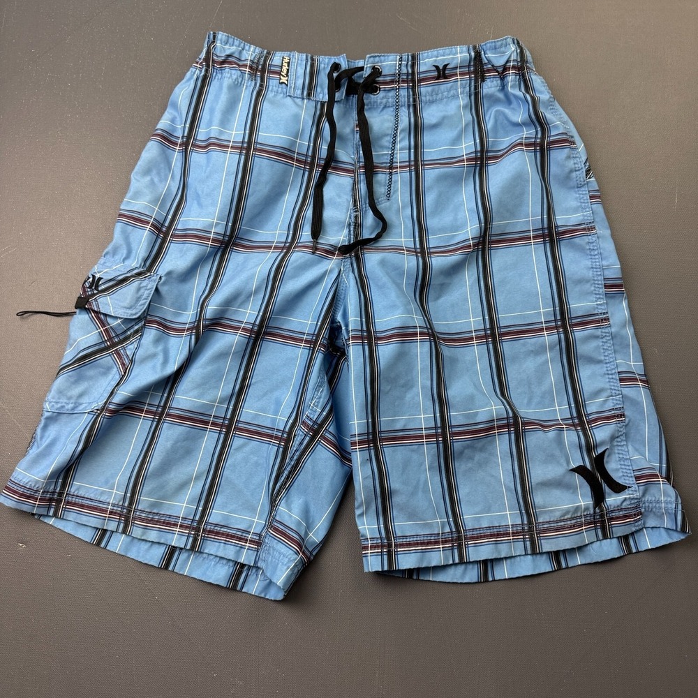 Hurley Board Shorts Men's 32 Blue Plaid Pocket Logos Elastic Waist Surfing Beach